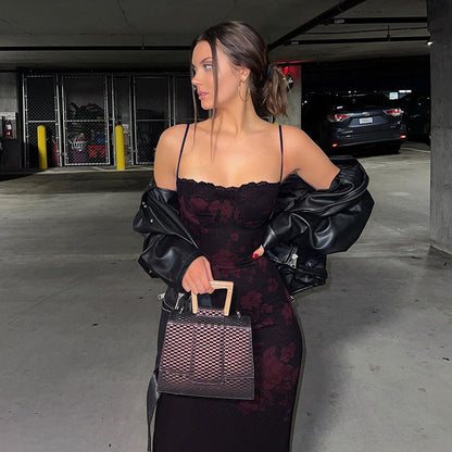 Maskot Bordo Çiçek Desenli Uzun Elbise