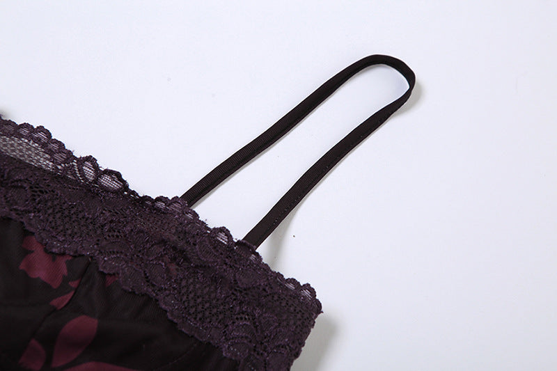 Maskot Bordo Çiçek Desenli Uzun Elbise