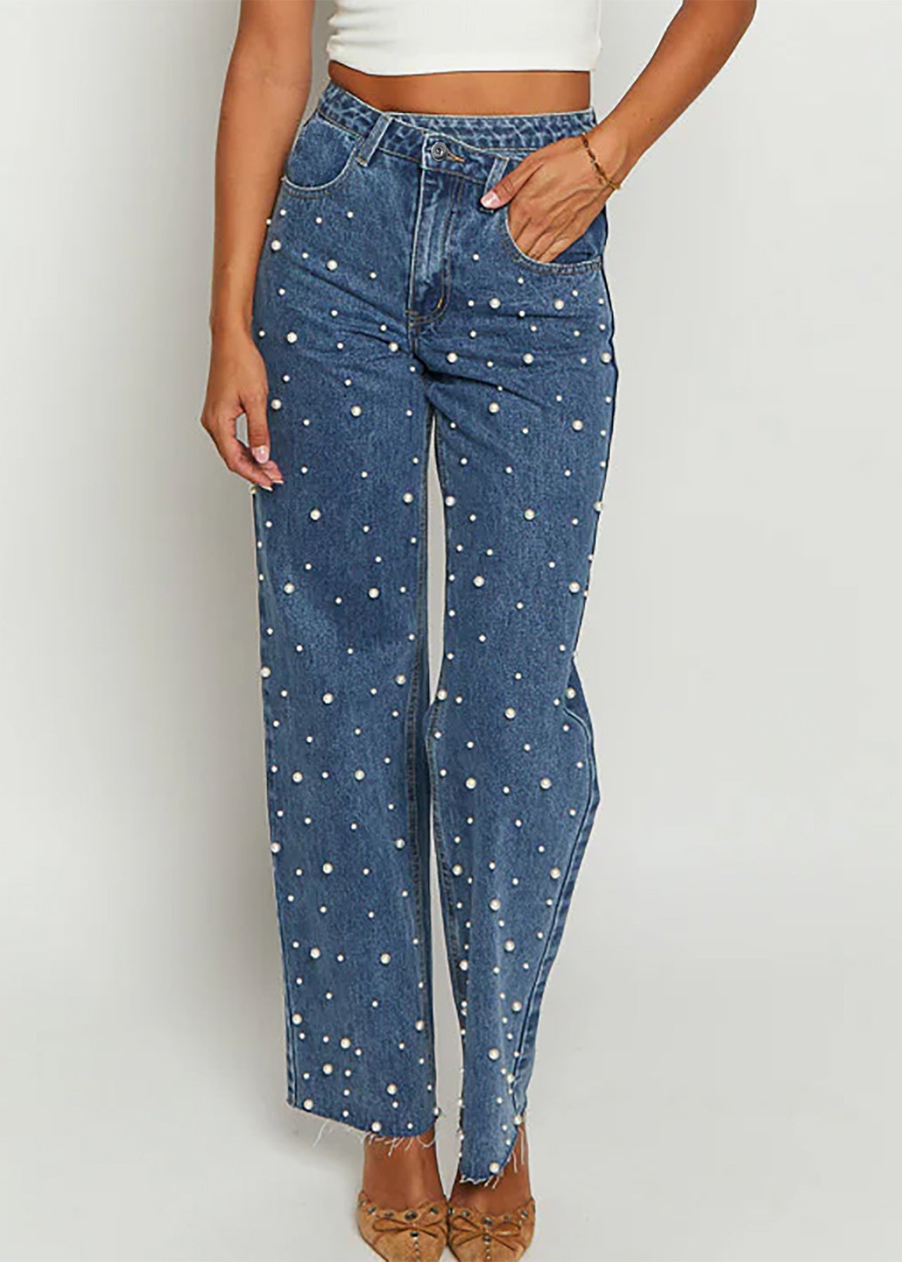 Maskot İnci Detaylı Düz ​​Kesim Kot Pantolon