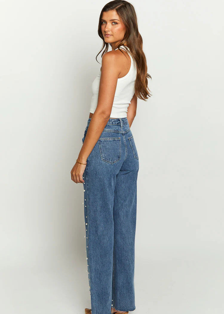 Maskot İnci Detaylı Düz ​​Kesim Kot Pantolon