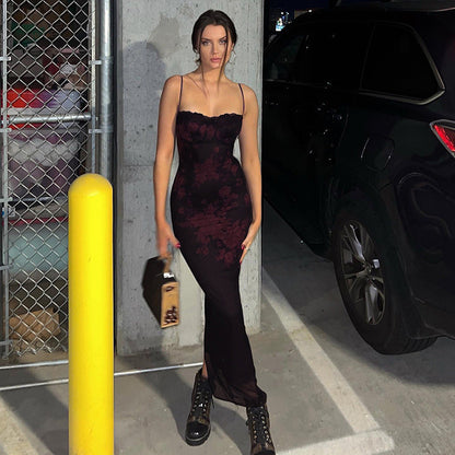 Maskot Bordo Çiçek Desenli Uzun Elbise