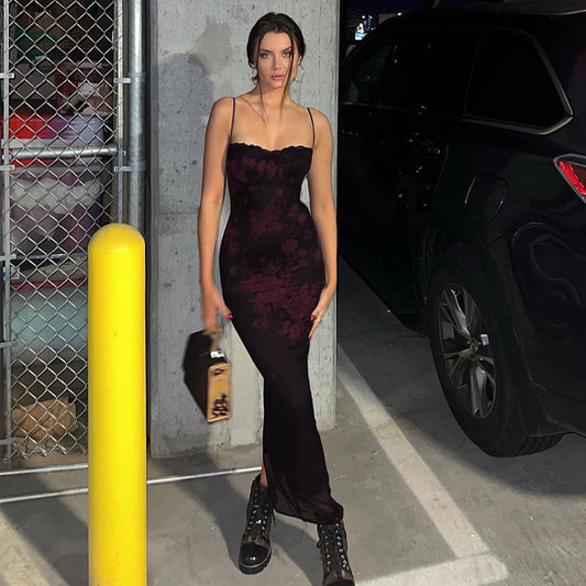 Maskot Burgundy Floral Patterned Long Dress