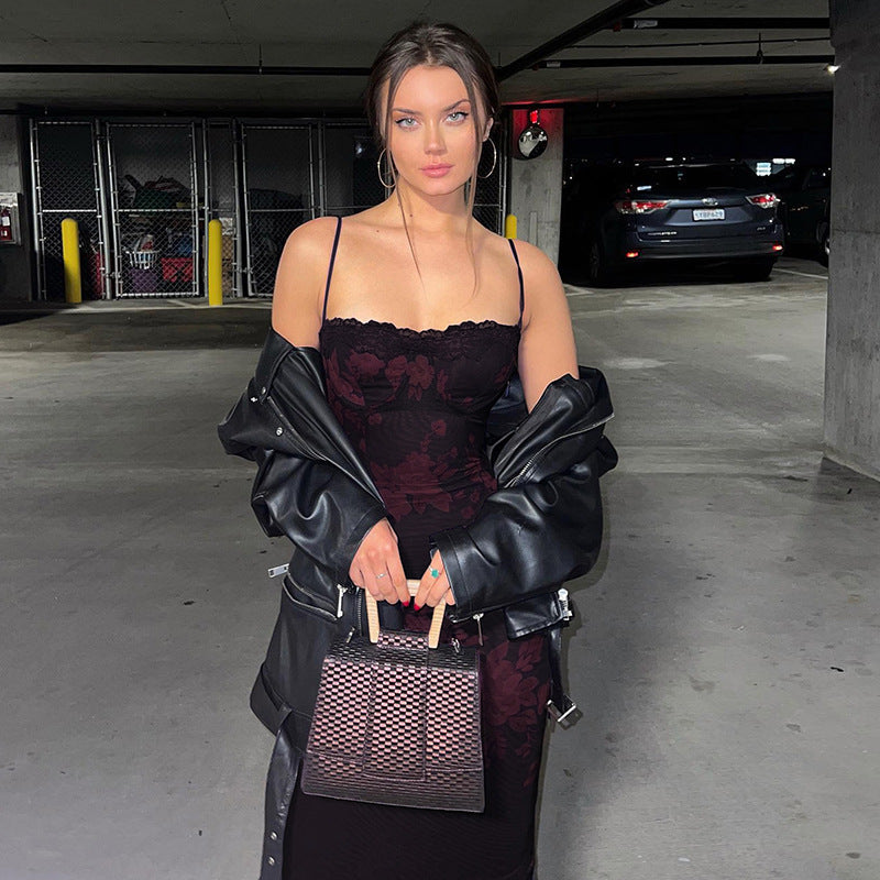 Maskot Bordo Çiçek Desenli Uzun Elbise