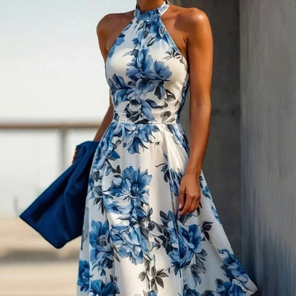 Maskot Aurora Mavi Çiçekli Uzun Elbise