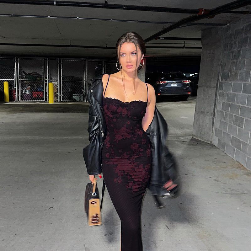 Maskot Bordo Çiçek Desenli Uzun Elbise